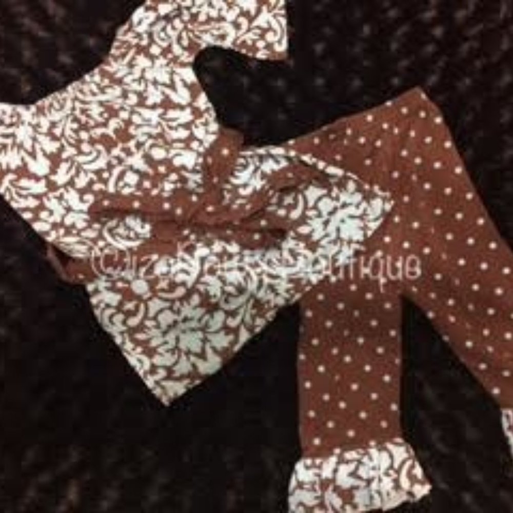 Blue & Brown Damask Ruffle Pant Set  1231 NWT Boutique